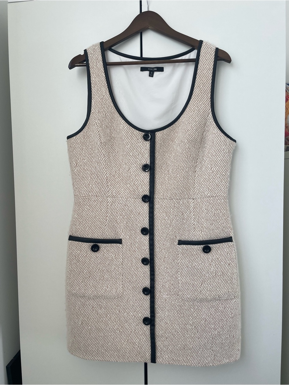 Tweed Mini Tank Dress with Black Trim - Cream